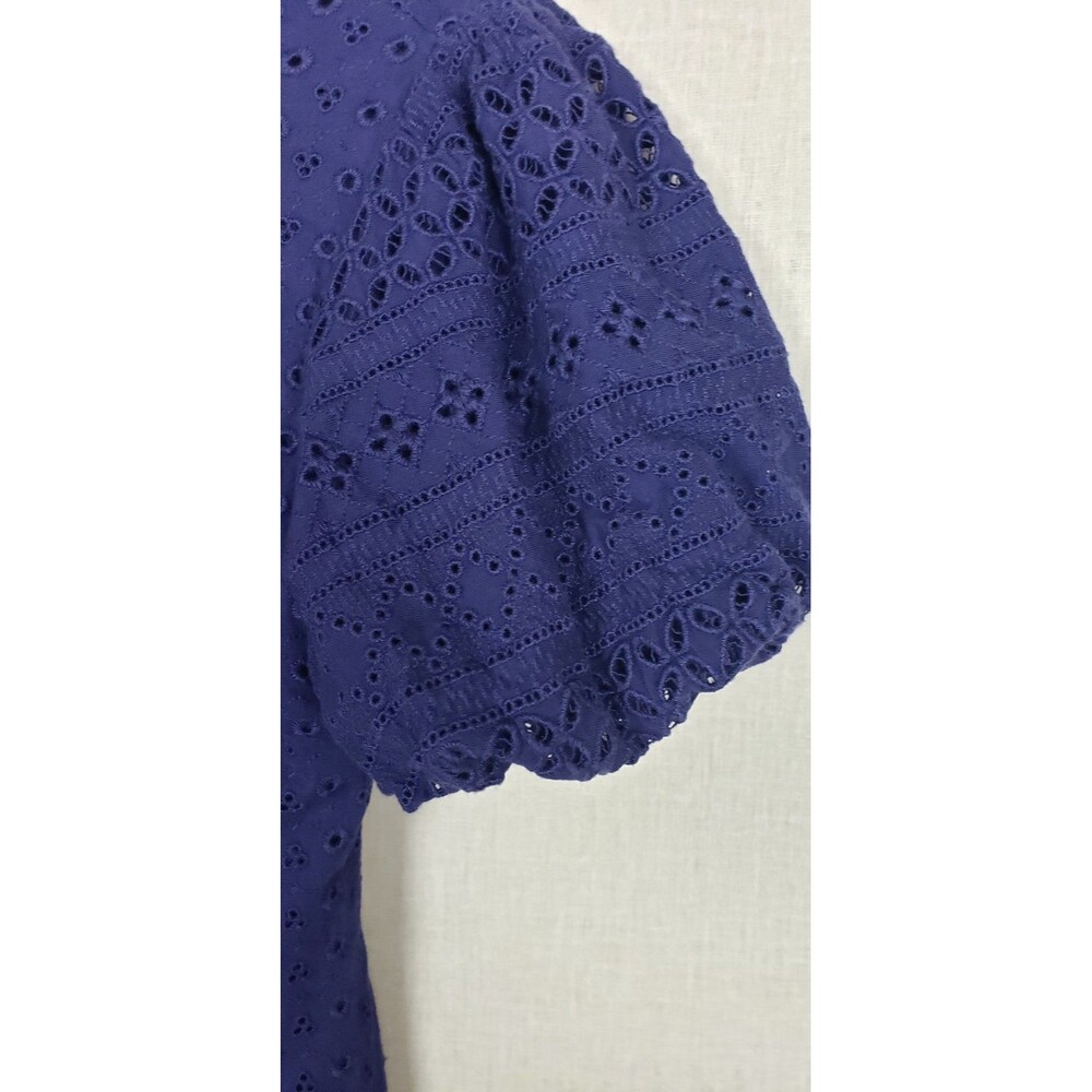 Free People Mini Dress Apricot Rose Puff Sleeve Eyelet Indigo Navy Blue Small - Picture 4 of 8